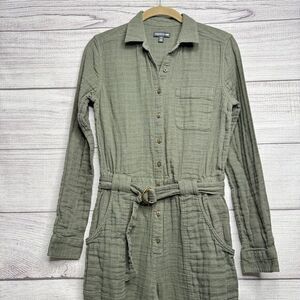 Toad&Co Olive Green Utility‎ Jumpsuit sz XS 100% Organic Cotton Gauze Workwear